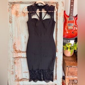 Black Lace Bodycon Cocktail Dress | High Neck Illusion | 12th Tribe | Size L